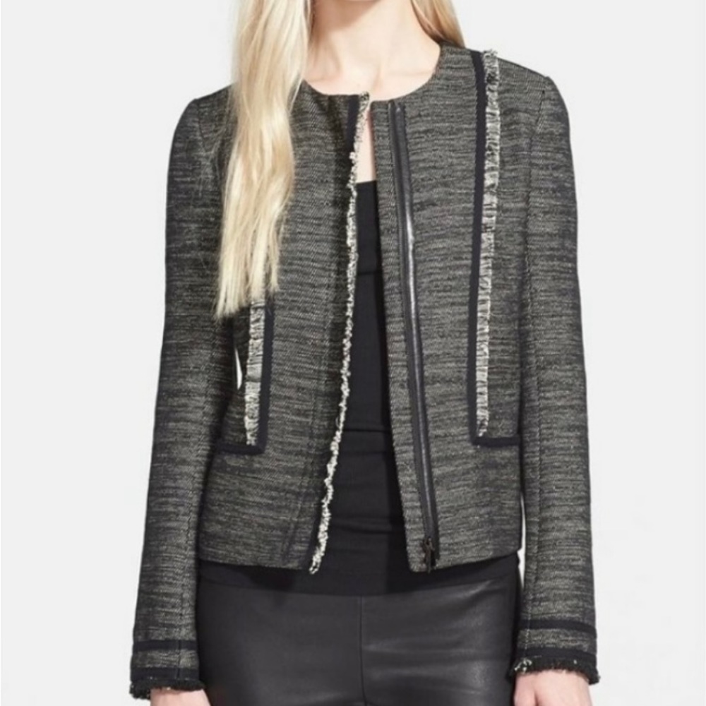 VINCE BOUCLE TWEED LEATHER WHITE AND BLACK JACKET Size 00